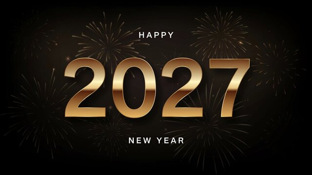 Elegant happy new year 2027 greeting card design with shiny gold numbers on a dark textured background