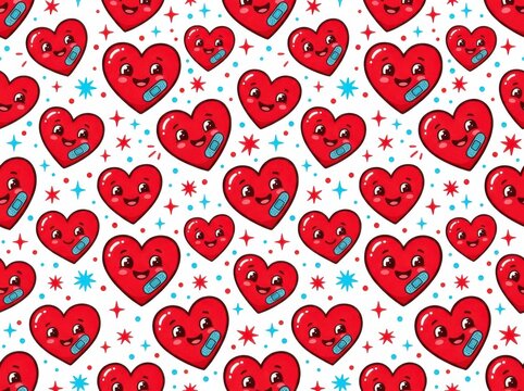 Seamless pattern with cute cartoon red hearts with faces and bandages isolated on white background