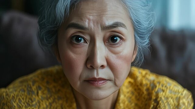 Elderly woman with gray hair and yellow patterned top. She gazes forward with a calm, contemplative expression. Soft lighting highlights her face and gentle wrinkles