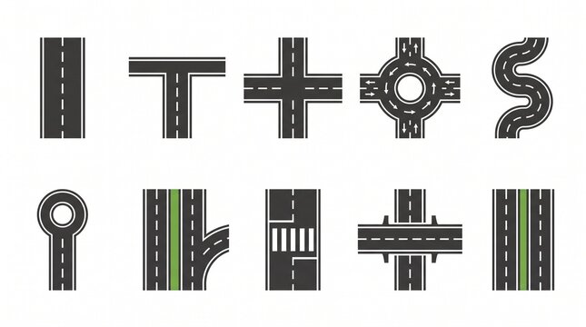 Set of 10 highway tracks and street paths. Vector city map flat icons of asphalt routes, crossroads, and winding lanes for city street design project on white background, minimalist geometric style
