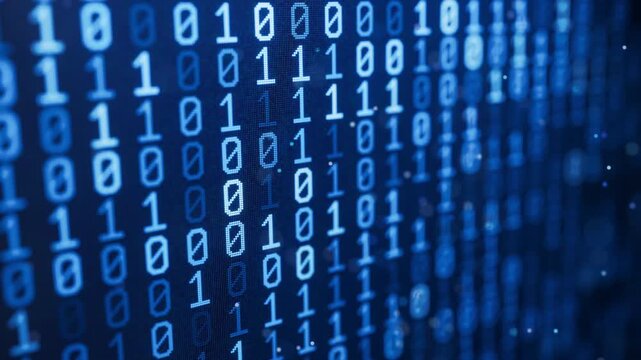 Looped 3D animation of luminous binary numbers in deep blue tones with blurred depth and floating particles. Abstract technology background for data, networks, programming and cybersecurity.