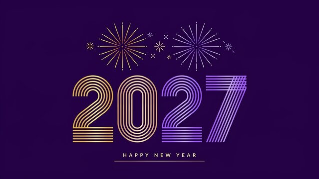 Abstract linear style 2027 new year greeting card design with golden and purple fireworks on dark background
