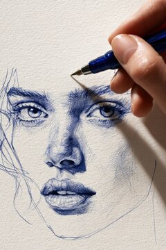 Artist's hand drawing an elegant female portrait with a blue pen on textured paper, showcasing intricate details of facial features and expressions