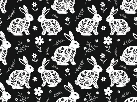 Seamless pattern with handdrawn white rabbits and flowers on a black background