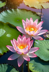 Fototapeta premium Two pink lotus flowers blooming in a tranquil pond with large green lily pads and Sunlight reflecting on the water, Sunlight reflects on the water surface