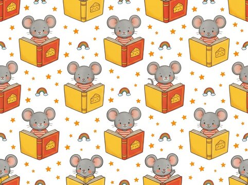 Seamless pattern with cute cartoon mice reading books isolated on white background