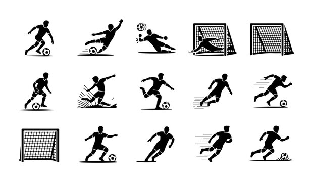 Soccer player silhouettes set featuring kicking dribbling and goalkeeping action positions.
