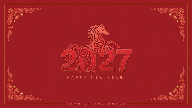 Happy chinese new year 2027 greeting card design with traditional golden goat zodiac icon on red background
