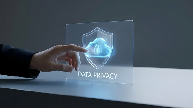 A business person interacts with a futuristic holographic cloud security interface to protect sensitive digital data and network information