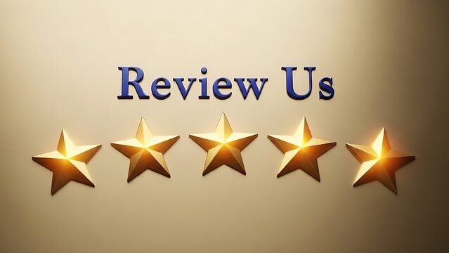 Review us text with five gold glowing stars representing customer feedback and excellent service quality rating