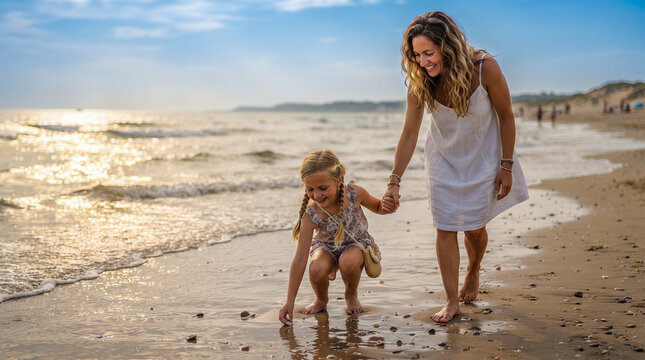 Madre e hija explorando la orilla de una playa y buscando conchas, representando naturaleza, infancia, familia, descubrimiento y vacaciones.