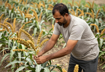 Obraz premium Indian farmer inspecting pearl millet crop in a field, agricultural research and sustainable farming practices, the man is focused on the healthy growth of the grain