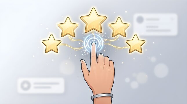 Five gold stars rating icon being selected by human finger illustration on light grey background