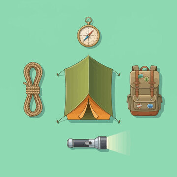 Green camping tent and backpack illustration set.
