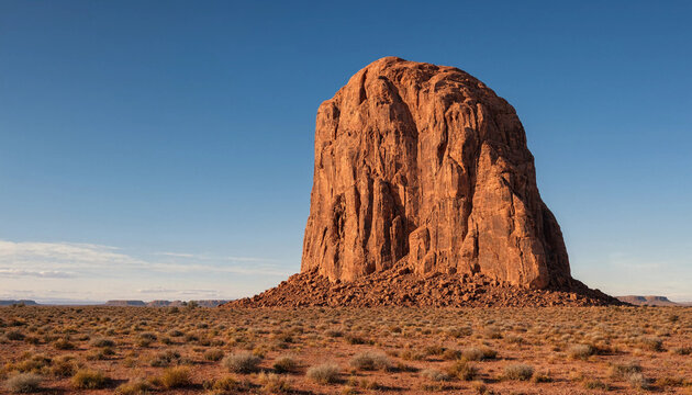 Towering red rock butte formation in expansive desert landscape with monument landscape formation sandstone wilderness sunlight southwest american outdoors geological dramatic