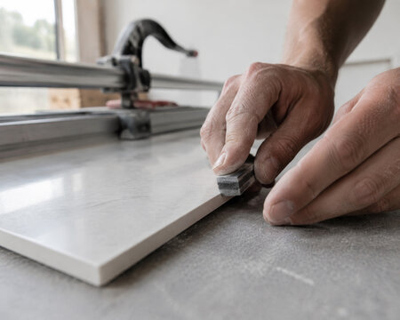 Trabajador cortando un azulejo en un taller de construcci&oacute;n