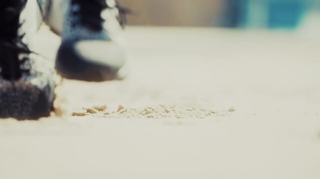 Runner Foot In Sneakers Jogging On Sandy Beach. Outdoor Fitness. Sports Training