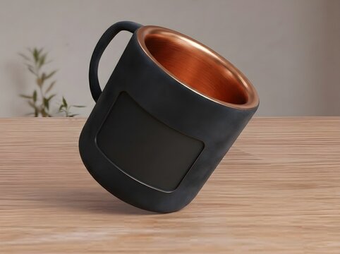 Modern black coffee mug with metallic copper interior sitting on a light wooden table surface area