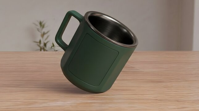 Dark green metal mug standing on wooden table surface isolated in studio lighting product photography style