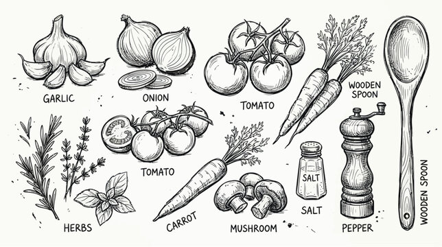 Hand drawn kitchen ingredients and cooking utensils doodle vector set for culinary design and menu illustration