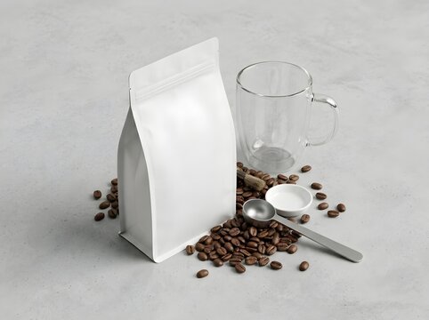 White coffee bag packaging mockup with clear glass mug and roasted beans on grey background