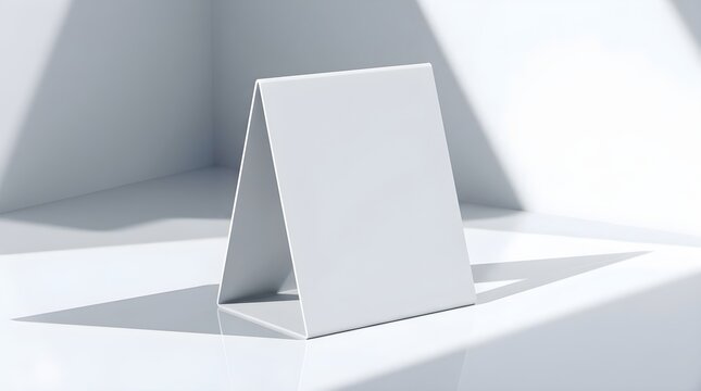 Empty white table tent mockup standing on clean reflective surface with dramatic shadows and lighting