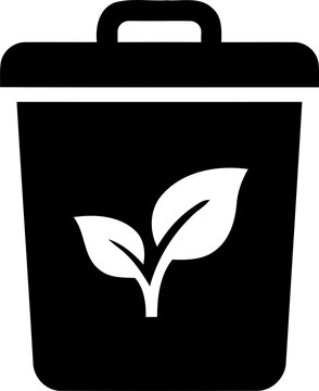 Black trash bin icon with green leaf symbol isolated on transparent background