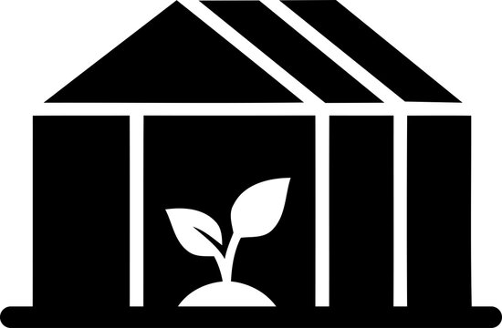 Black and white greenhouse icon with a small plant inside isolated on transparent background