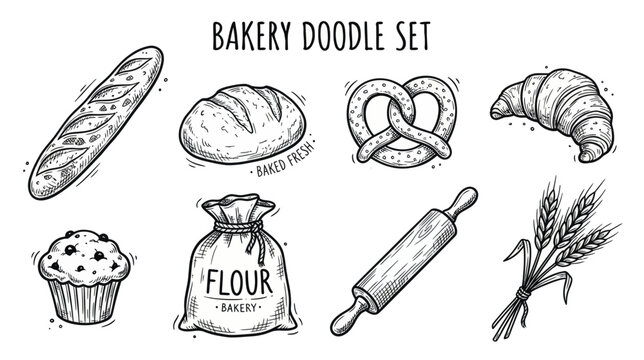 Hand drawn bakery doodle vector set featuring fresh bread croissant pretzel muffin flour and wheat stalks