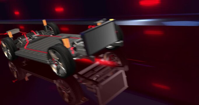 Futuristic EV zooming into dashboard start button battery and motor parts. Detailed 3D render of EV engine parts.