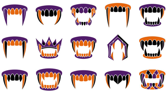 Collection of cartoon vampire teeth and fangs in various shapes and color schemes
