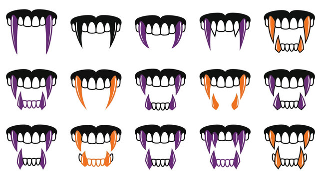 Collection of cartoon vampire teeth in various colors and styles for halloween designs