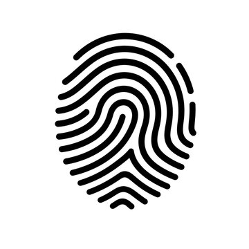 Minimalist black fingerprint icon isolated on a white background, representing biometric identification, digital authentication, personal security, identity verification, privacy, and access control.