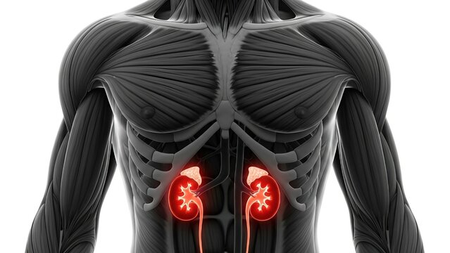 Human kidneys anatomical model showing glowing red internal organ structure isolated against plain white background display
