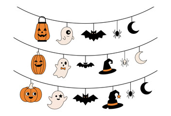 Fototapeta premium Festive halloween decorations hanging on strings with pumpkins ghosts bats and spiders