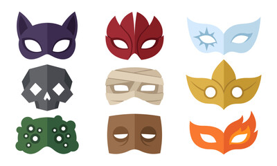 Colorful collection of superhero and fantasy themed masks isolated on a white background