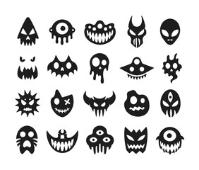 Fototapeta premium Collection of spooky black monster faces and creepy icon designs for halloween themes