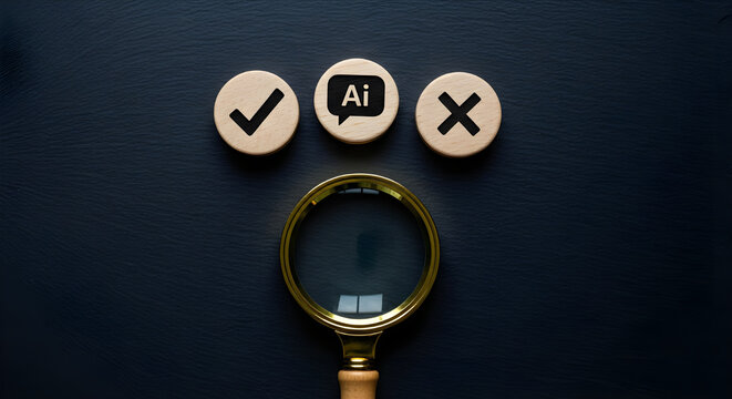 Artificial intelligence concept with magnifying glass checking wooden symbols on dark textured slate background surface