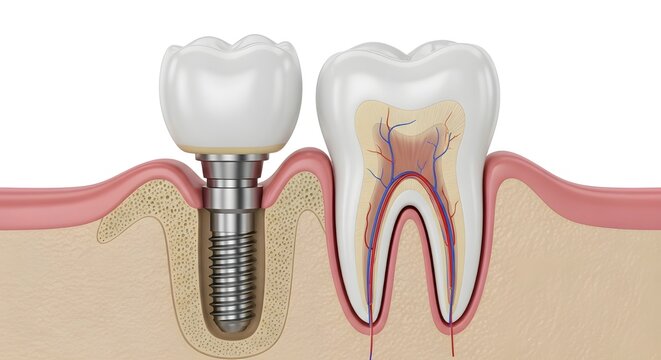 Dental implant procedure showing artificial tooth restoration next to a healthy cross section natural molar tooth