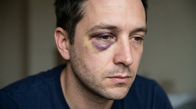 Man with a prominent black eye looking sad and concerned.