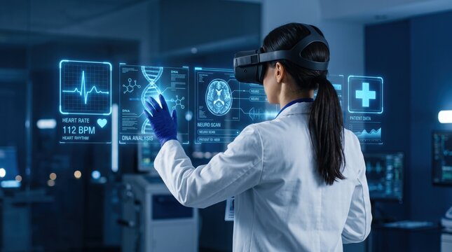 Scientist wearing VR headset examining brain scan and DNA analysis on virtual screens, advanced medical research and neuroscience technology in high-tech laboratory setting.