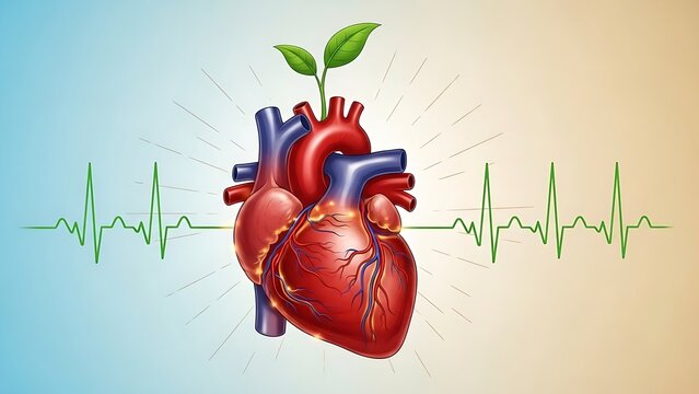 Human heart organ illustration featuring growing green leaves and electrocardiogram rhythm lines for medical wellness concepts