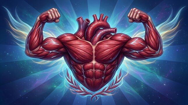 Muscular heart character flexing arms with glowing wings in a vibrant blue cosmic background digital illustration