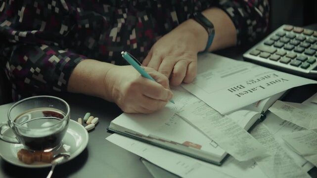 Accountant Writing Notes Calculating Energy Bill. Financial Expenses  