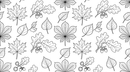 Fototapeta premium seamless pattern with flowers Minimalist Autumn Leaves and Acorns Seamless Pattern, Black and White Botanical Line Art