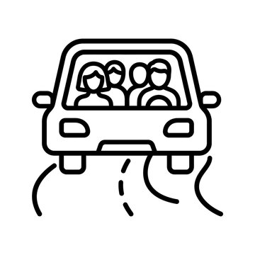 Family road trip icon showing passengers inside car driving on highway.