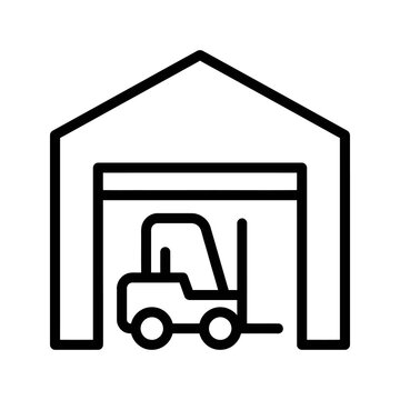 Industrial warehouse building with forklift black line icon storage.