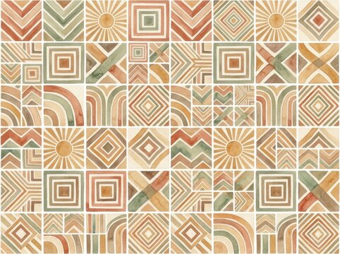 Boho style geometric tile pattern, watercolor abstract shapes in earthy tones