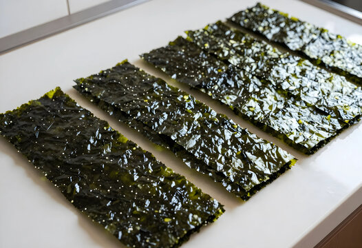 Crispy roasted seaweed snack sheets with sesame seeds and salt on a white surface, healthy asian food ingredient, this healthy asian food ingredient is commonly used in korean and japanese