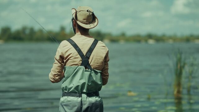 Fisherman Holding Fishing Rod Standing In Water. River Leisure And Hobby